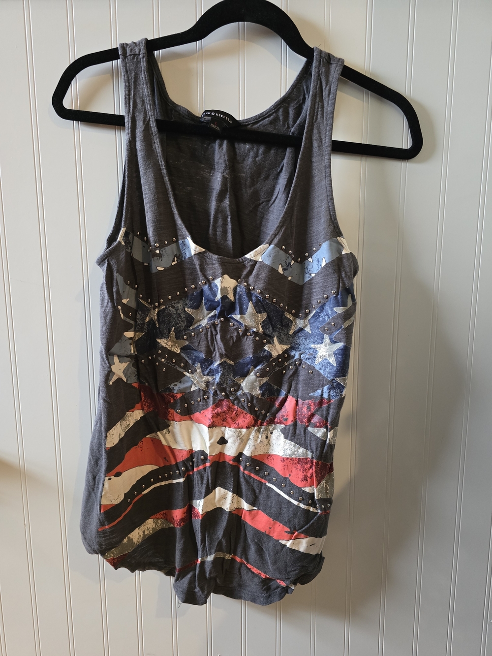 Rock & Republic Gray Tank with Red, White, Blue Flag Graphic and Studs